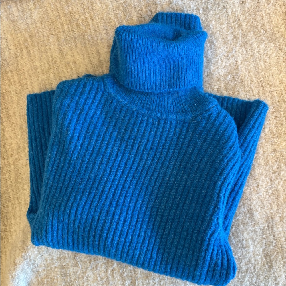 Mango Sweater Womens Small Cannoli Blue Turtleneck Wool Alpaca